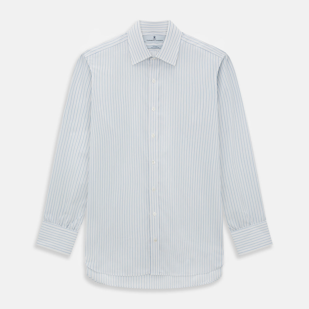 The Turnbull & Asser Sky Blue Combination Stripe Mayfair Shirt features long sleeves, a T&A collar, buttoned cuffs, and thin vertical stripes in blue, shown on a plain white background.
