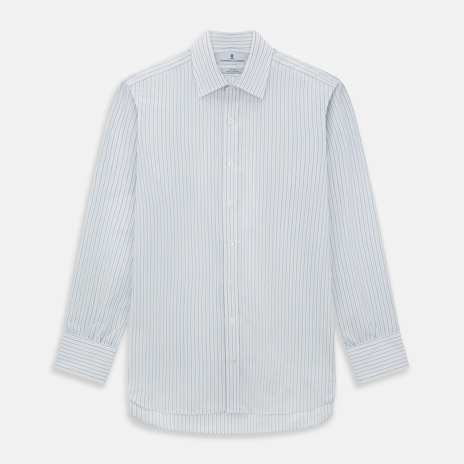 View 1 of product The Turnbull & Asser Sky Blue Combination Stripe Mayfair Shirt features long sleeves, a T&A collar, buttoned cuffs, and thin vertical stripes in blue, shown on a plain white background.