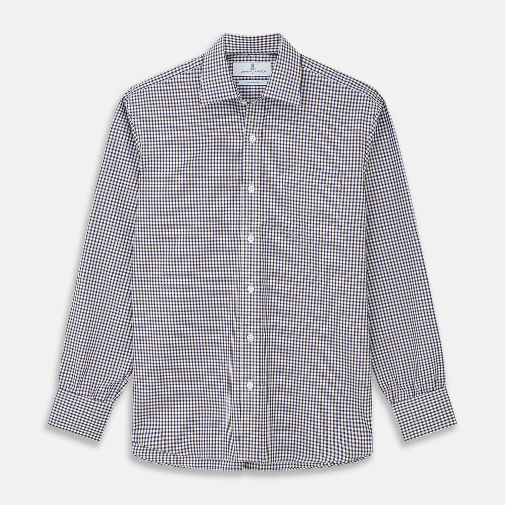 A must-have for any men's wardrobe, the Turnbull & Asser Brown and Blue Cotton Multi Check Weekend Fit Finch Shirt features long sleeves, button-down design, collar, and buttoned cuffs in a stylish check pattern.