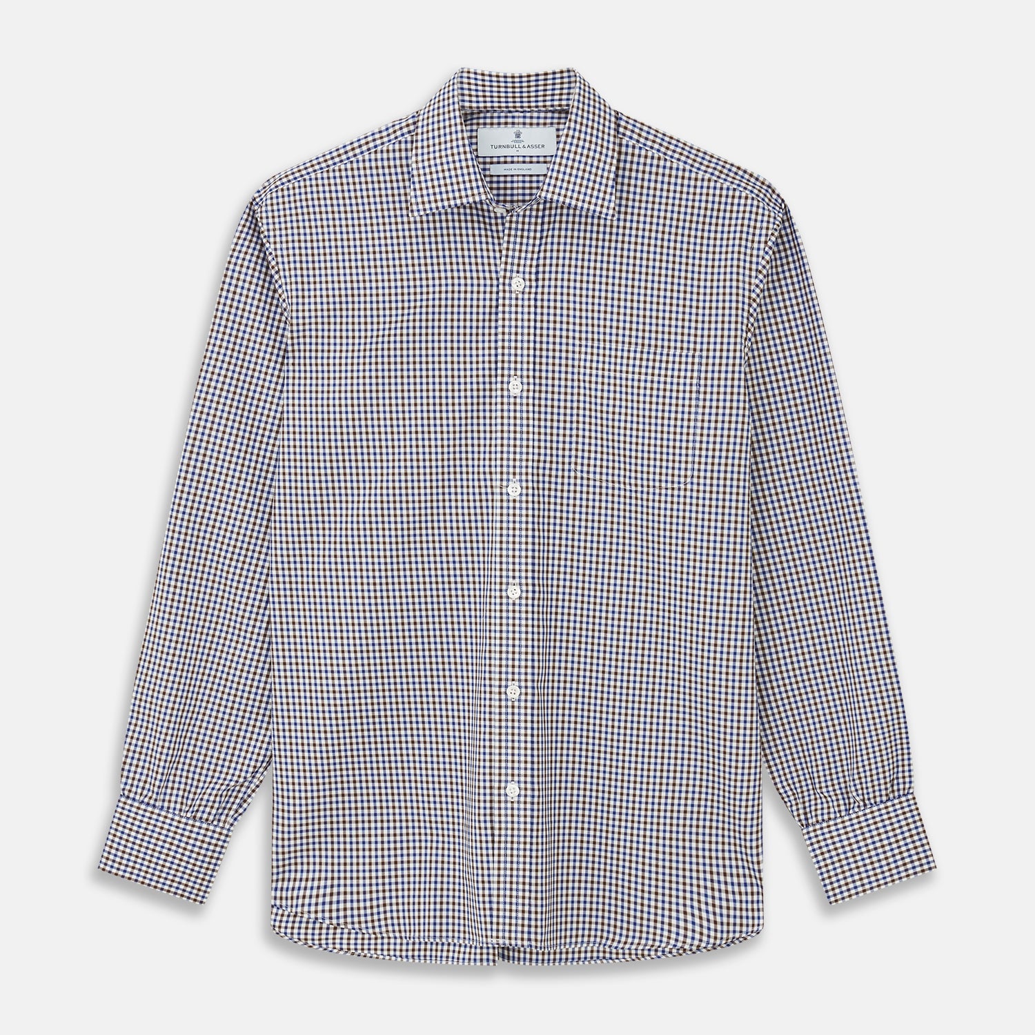 View 1 of product A must-have for any men's wardrobe, the Turnbull & Asser Brown and Blue Cotton Multi Check Weekend Fit Finch Shirt features long sleeves, button-down design, collar, and buttoned cuffs in a stylish check pattern.