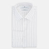 View 5 of product The Turnbull & Asser Navy Hairline Multi Stripe Mayfair Shirt, made from fine Italian cotton with navy stripes, a pointed collar, and buttoned cuffs, is shown laid flat on a plain white background.