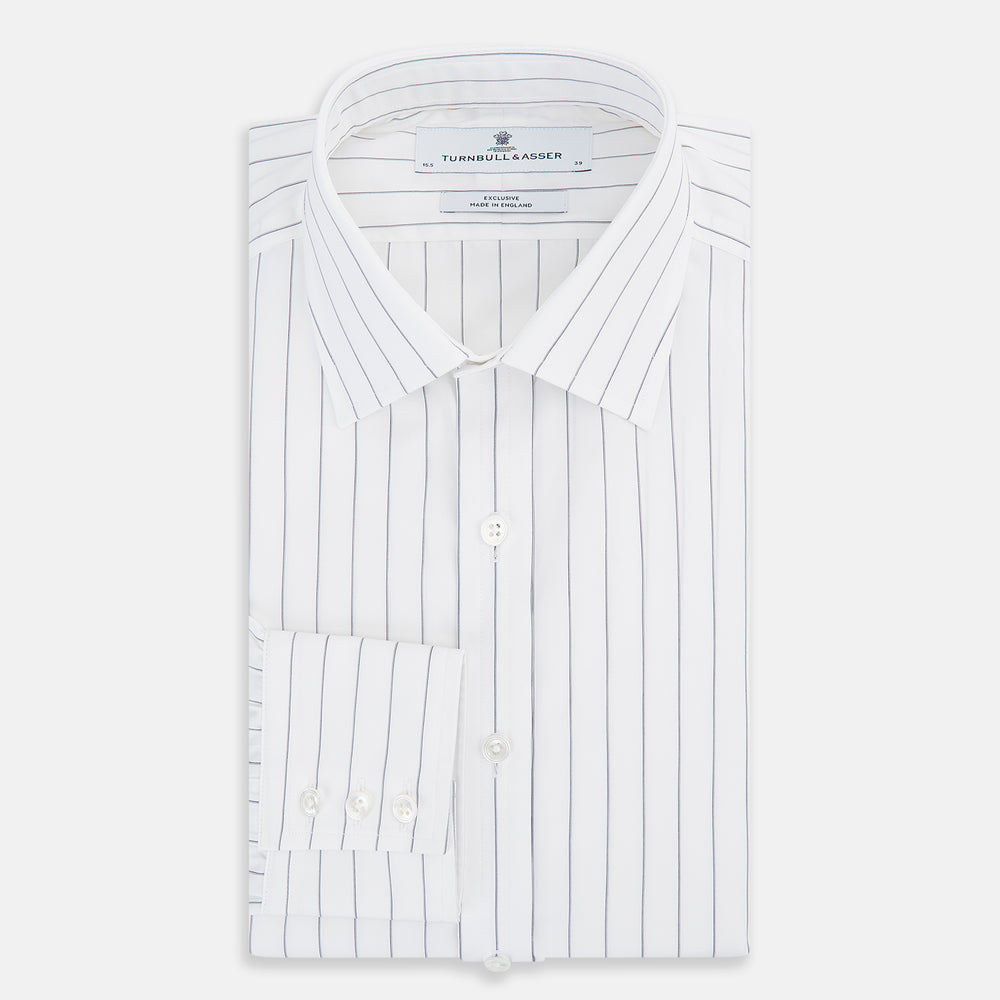 The Turnbull & Asser Navy Hairline Multi Stripe Mayfair Shirt, made from fine Italian cotton with navy stripes, a pointed collar, and buttoned cuffs, is shown laid flat on a plain white background.