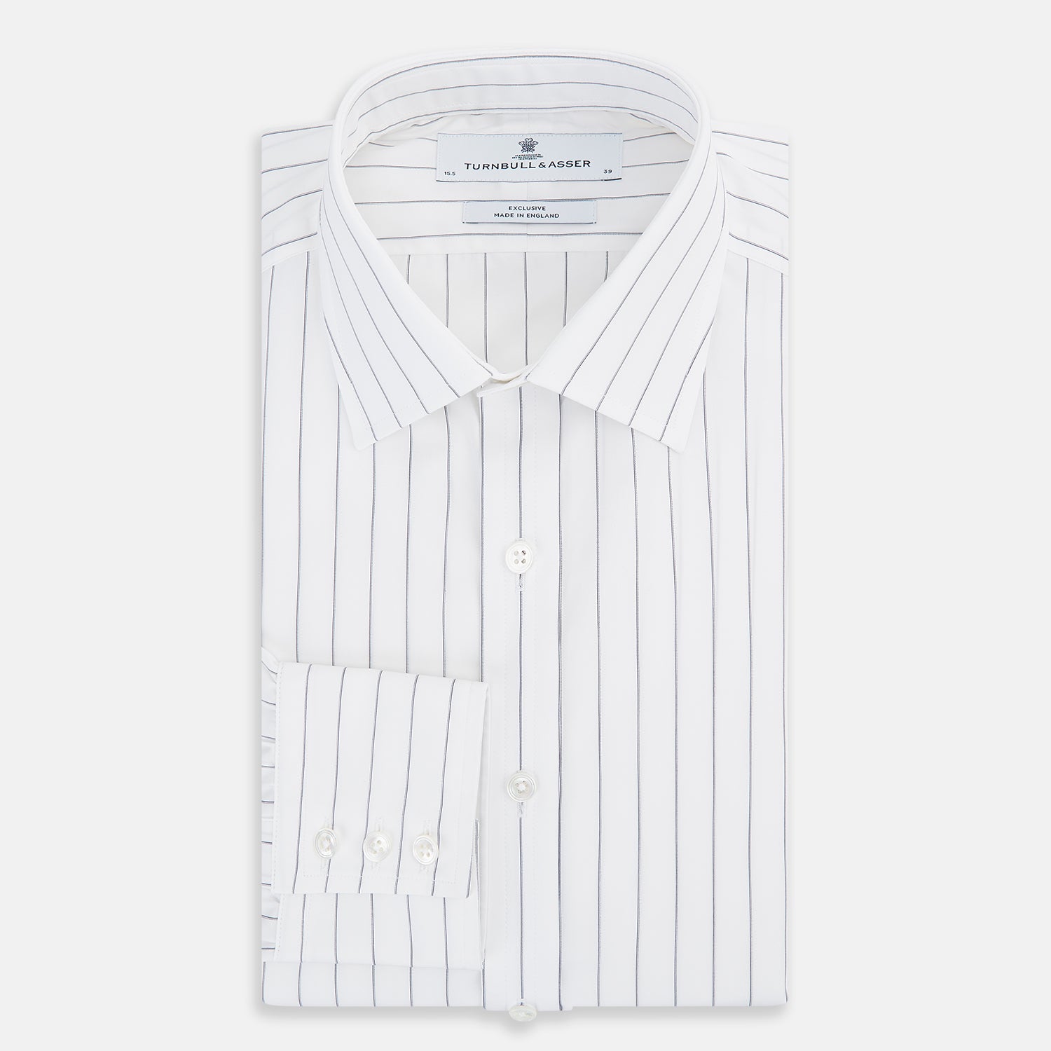 View 5 of product The Turnbull & Asser Navy Hairline Multi Stripe Mayfair Shirt, made from fine Italian cotton with navy stripes, a pointed collar, and buttoned cuffs, is shown laid flat on a plain white background.