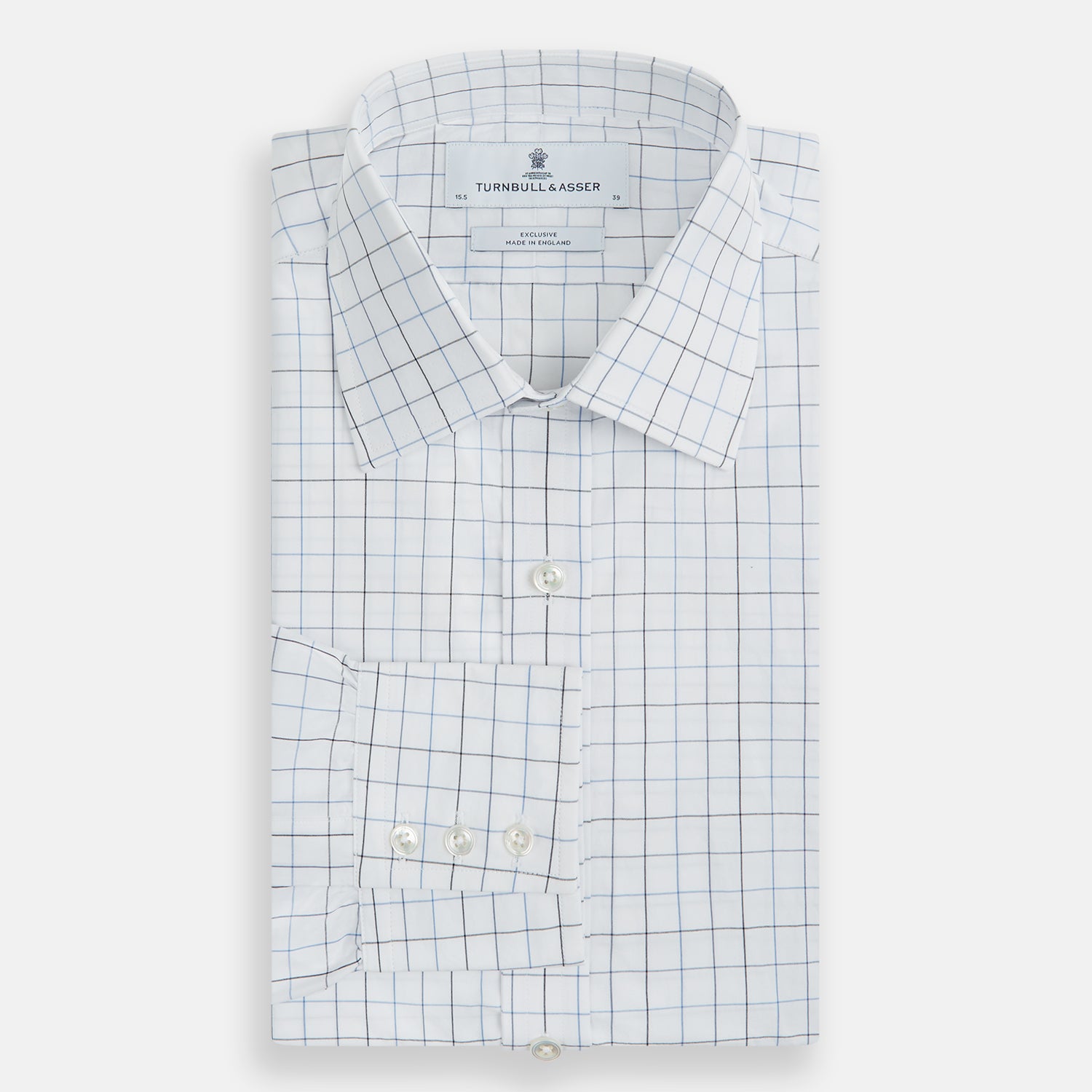 View 5 of product The Blue Grid Check Mayfair Shirt by Turnbull & Asser is a long-sleeve, button-up shirt with a T&A collar, crafted from organic cotton in a light and dark blue grid pattern, shown flat against a white background.