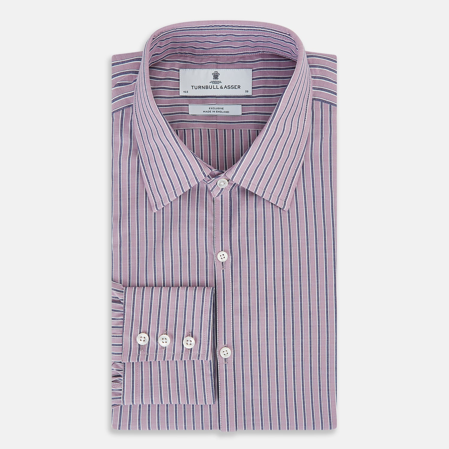 View 5 of product The Turnbull & Asser Antique Pink Ticking Stripe Westminster Shirt is a collared, long-sleeve button-up with thin vertical pink stripes on white, highlighting British craftsmanship. It’s shown neatly laid flat and fully buttoned.