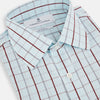 View 2 of product The Turnbull & Asser Burgundy Combination Check Mayfair Shirt is a long-sleeve button-up dress shirt with a check pattern, ideal for formal wear and shown on a plain white background.