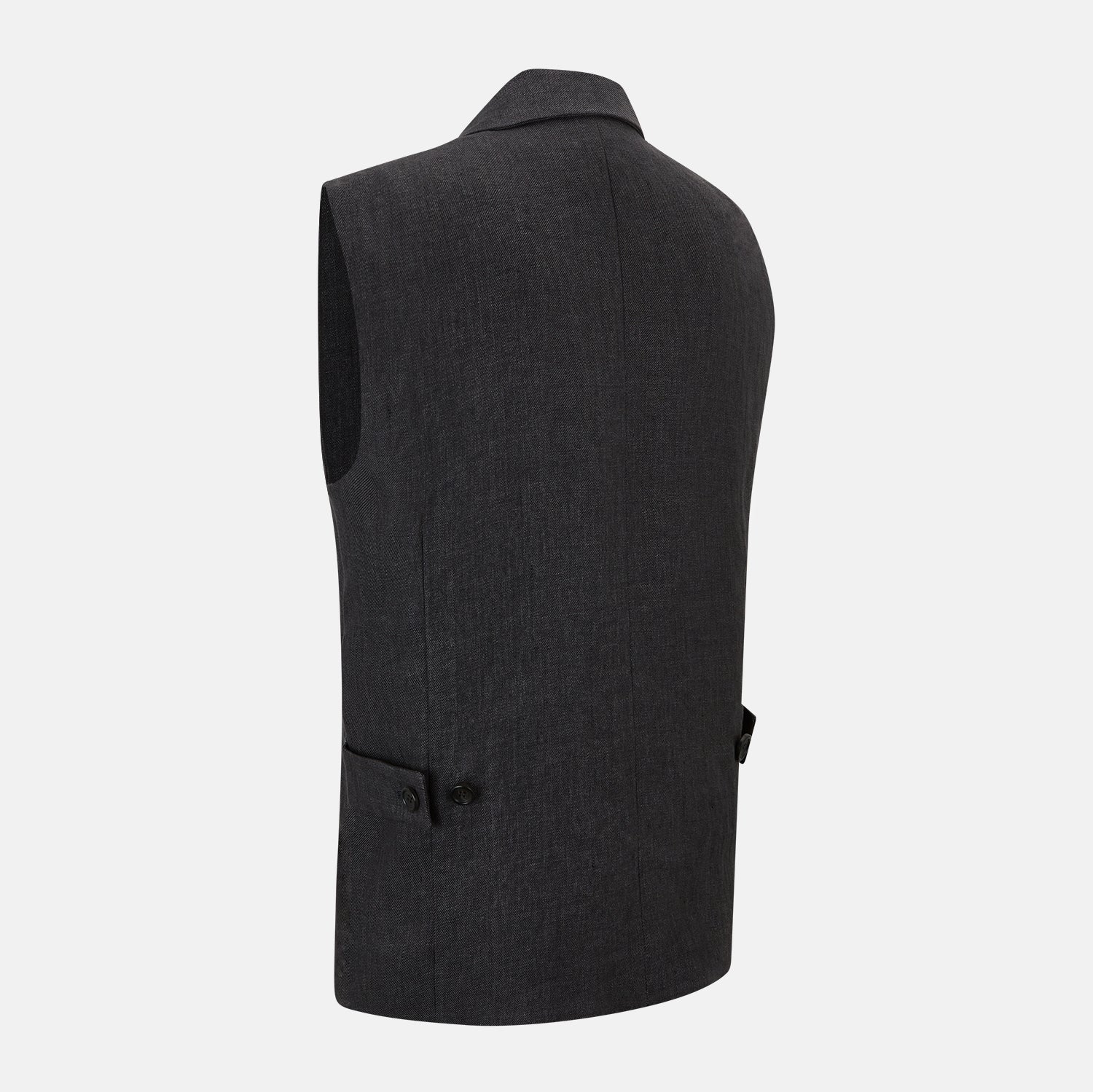 View 4 of product The Turnbull & Asser Ash Collared Linen Waistcoat is a sleeveless dark gray piece with a button-down front, two zippered side pockets, and a small chest pocket, shown against a plain white background.