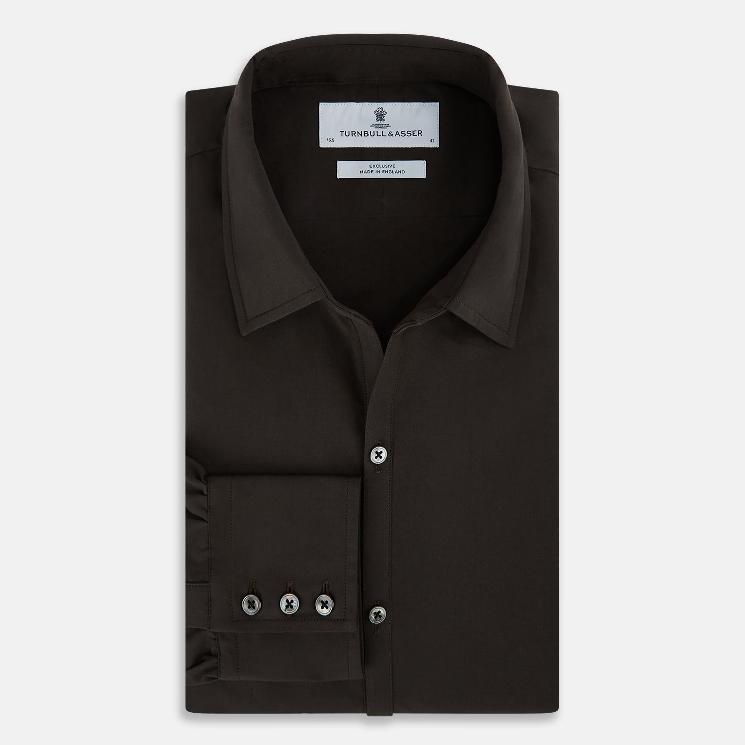 View 5 of product A brown Windsor long-sleeve button-up shirt by Turnbull & Asser with a classic collar, buttoned cuffs, and a straight hem, laid flat on a white background—showcasing refined British craftsmanship.