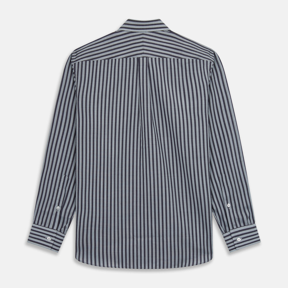 The Turnbull & Asser Navy Multi Stripe Weekend Fit Wool Shirt features a Derby collar, 1 button cuffs, and bold multicolored stripes, shown laid flat on a plain background.