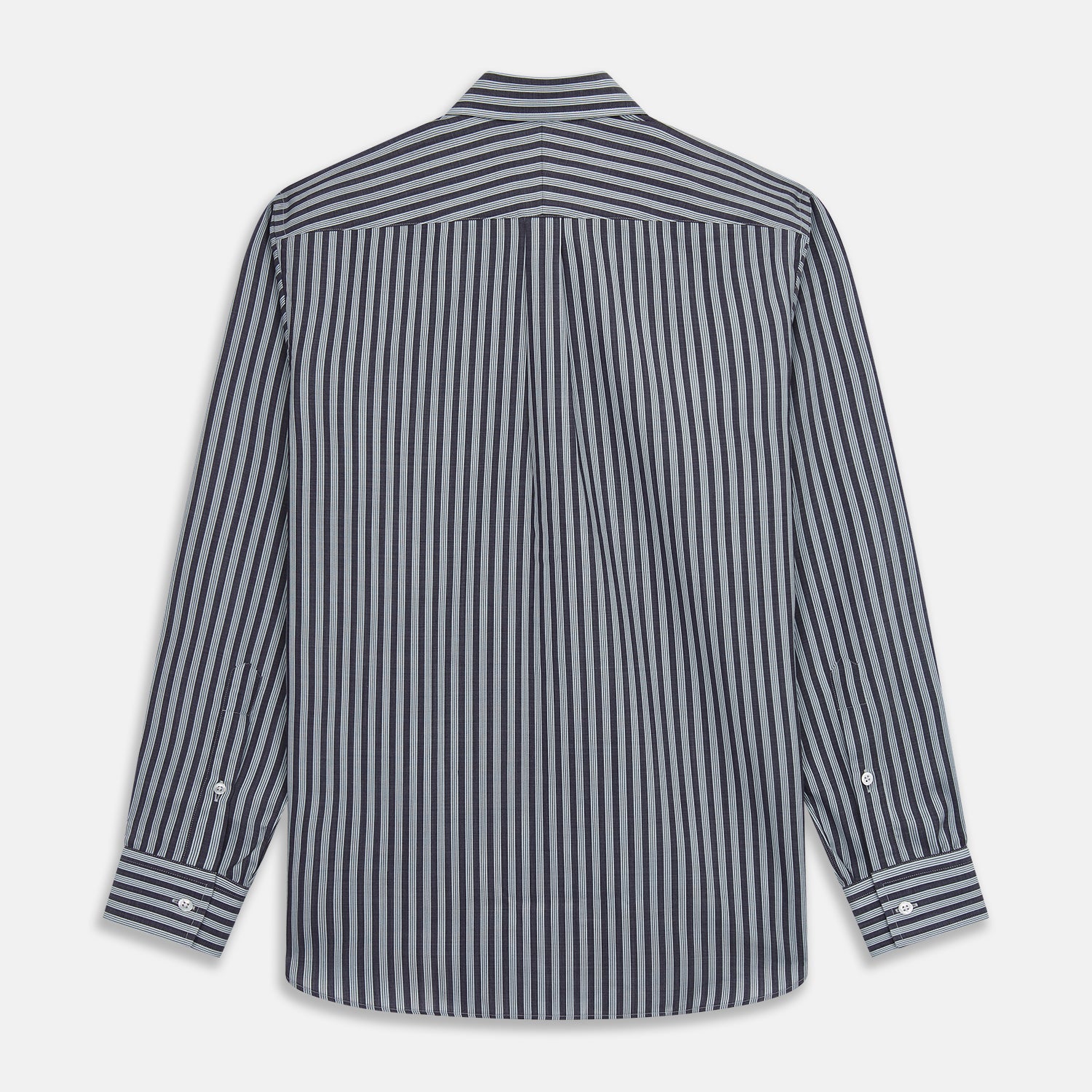 View 5 of product The Turnbull & Asser Navy Multi Stripe Weekend Fit Wool Shirt features a Derby collar, 1 button cuffs, and bold multicolored stripes, shown laid flat on a plain background.