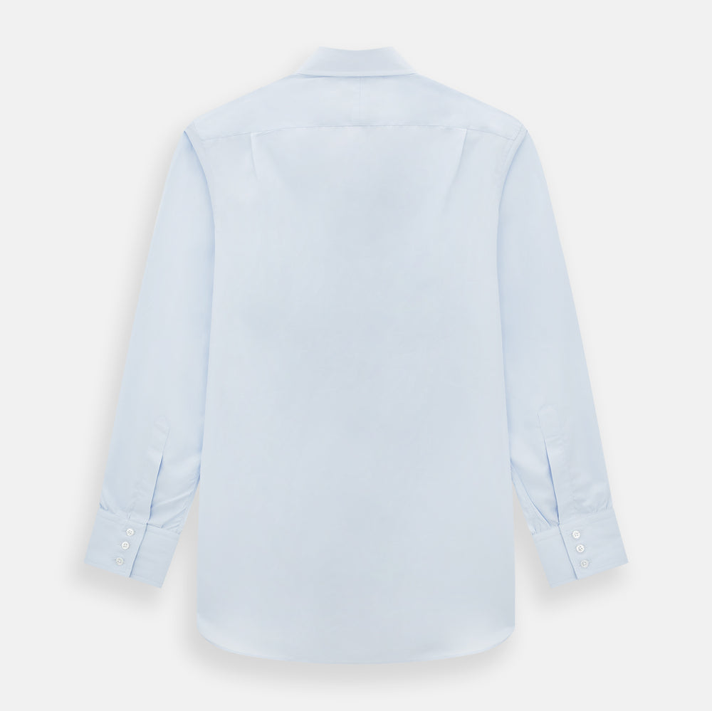 The Turnbull & Asser Pale Blue Cotton Regular Fit Mayfair Shirt features a classic collar, white buttons, and buttoned cuffs. This long-sleeve dress shirt displays the timeless Mayfair silhouette for a refined look.