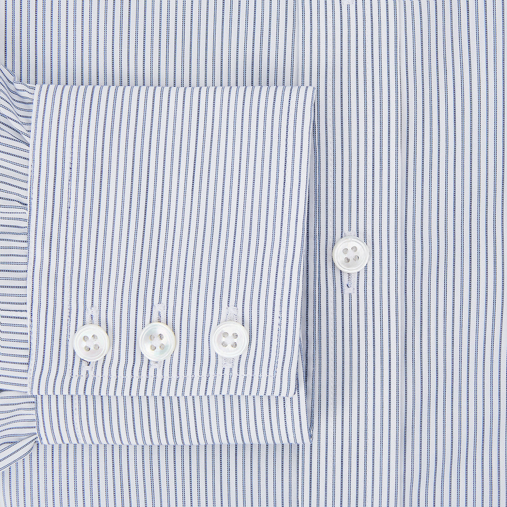 The Blue Ticking Pinstripe Mayfair Shirt by Turnbull & Asser features long sleeves, a button-down front, and classic T&A collar, shown on a plain white background.