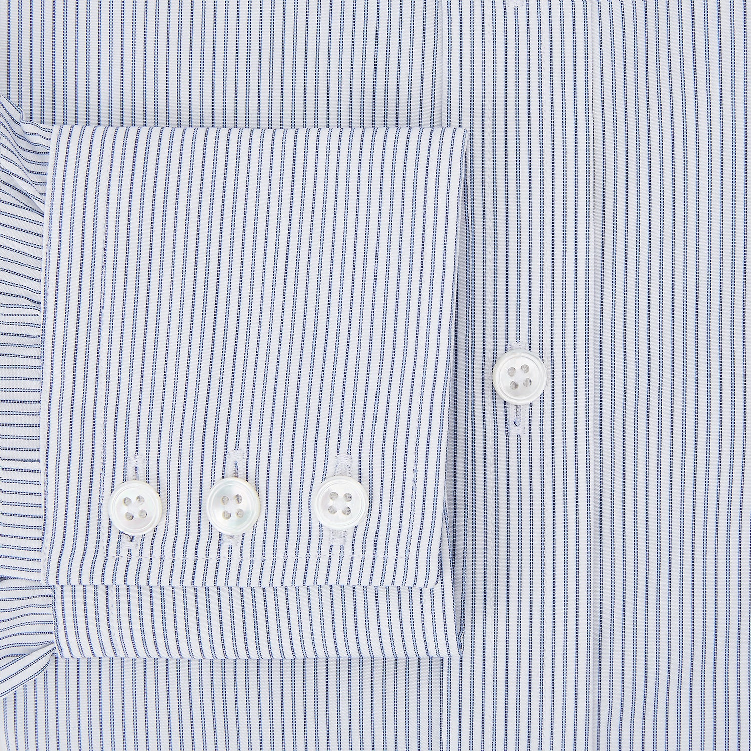 View 4 of product The Blue Ticking Pinstripe Mayfair Shirt by Turnbull & Asser features long sleeves, a button-down front, and classic T&A collar, shown on a plain white background.