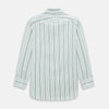 View 3 of product The SAGE GREEN MULTI STRIPE WESTMINSTER SHIRT by Turnbull & Asser features a classic collar, long sleeves, buttoned cuffs, relaxed fit, and vertical green and white stripes—embodying timeless British craftsmanship.