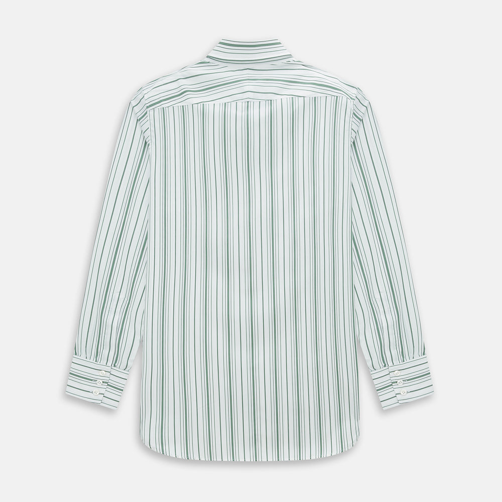 The SAGE GREEN MULTI STRIPE WESTMINSTER SHIRT by Turnbull & Asser features a classic collar, long sleeves, buttoned cuffs, relaxed fit, and vertical green and white stripes—embodying timeless British craftsmanship.