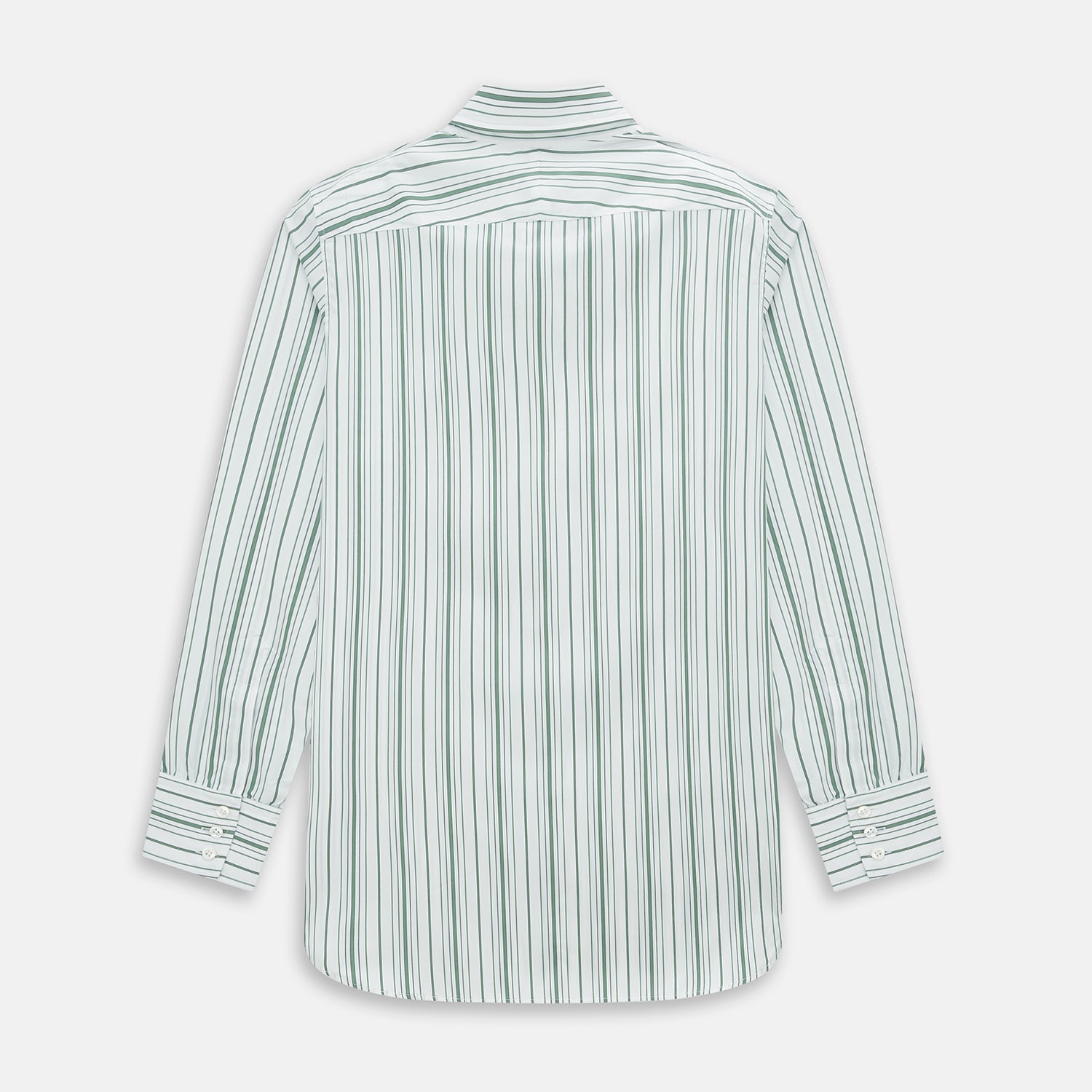 View 3 of product The SAGE GREEN MULTI STRIPE WESTMINSTER SHIRT by Turnbull & Asser features a classic collar, long sleeves, buttoned cuffs, relaxed fit, and vertical green and white stripes—embodying timeless British craftsmanship.