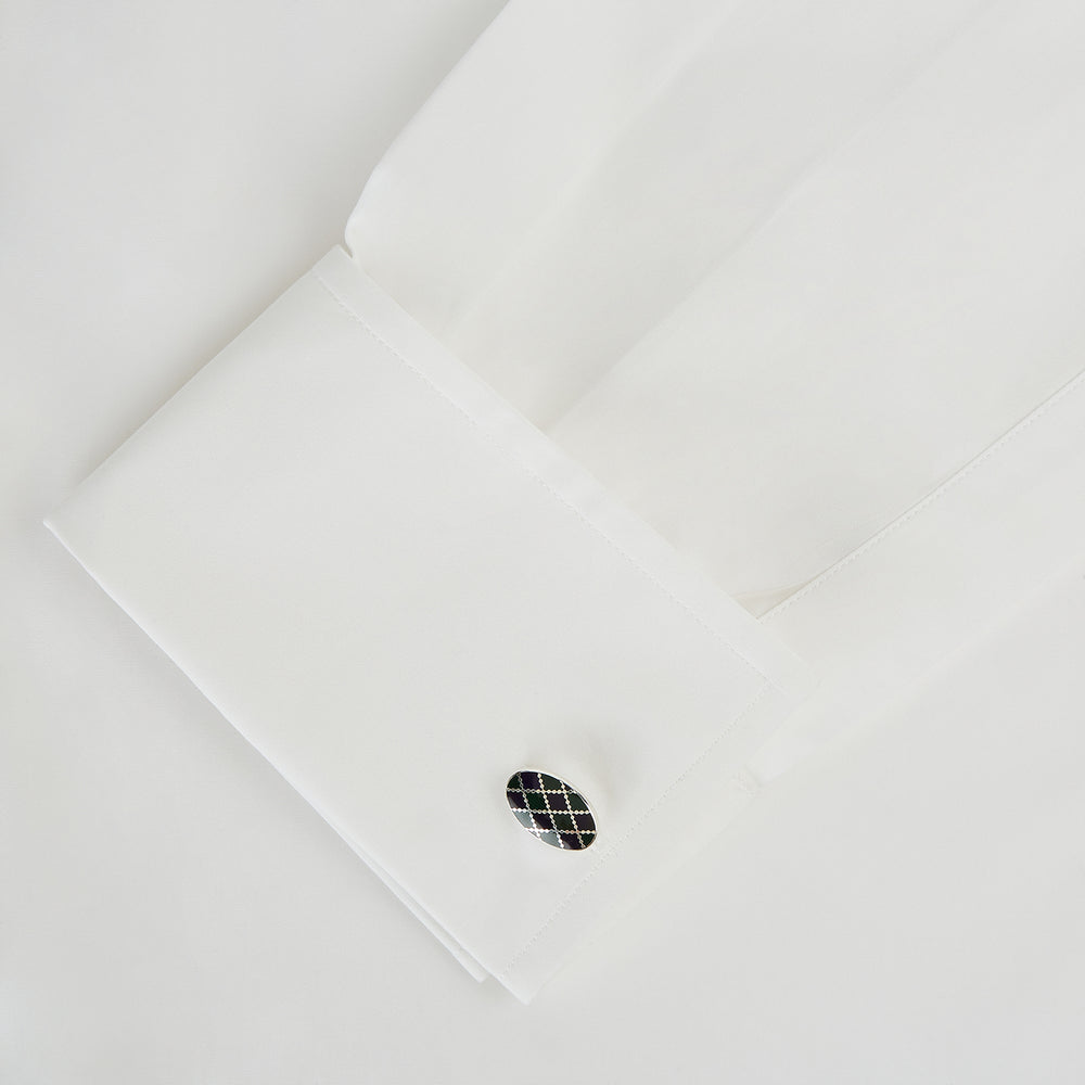 Turnbull & Asser's Forest Green and Navy Checkered Oval Enamel Chain Cufflinks offer masculine elegance with their striking enamel pattern against a refined silver finish.
