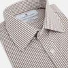 View 2 of product The Coffee Micro Shadow Check Mayfair Shirt by Turnbull & Asser is a long-sleeved, button-up shirt made from fine Italian cotton with a small brown and white check pattern, classic collar, and buttoned cuffs—an essential for any man’s wardrobe.