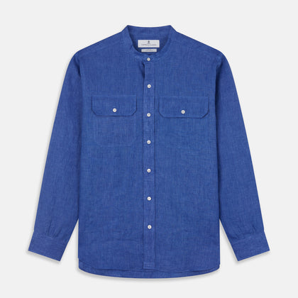 Plain Indigo Linen Weekend Fit Shirt with Stand Collar Image 1