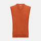 The Turnbull & Asser Orange Cashmere V-Neck Vest adds vibrant style to men’s fashion, featuring a ribbed hem and sleeveless design. Shown against a plain white background.