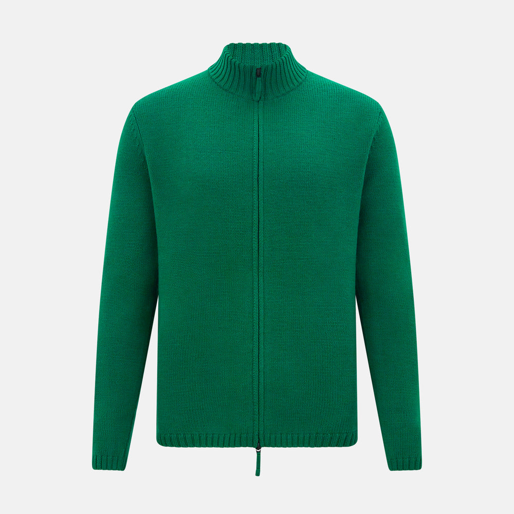 The Turnbull & Asser Forest Green Merino High Neck Zipped Cardigan features a ribbed collar, cuffs, and hem for classic style—this vibrant knitwear essential is shown against a white background.