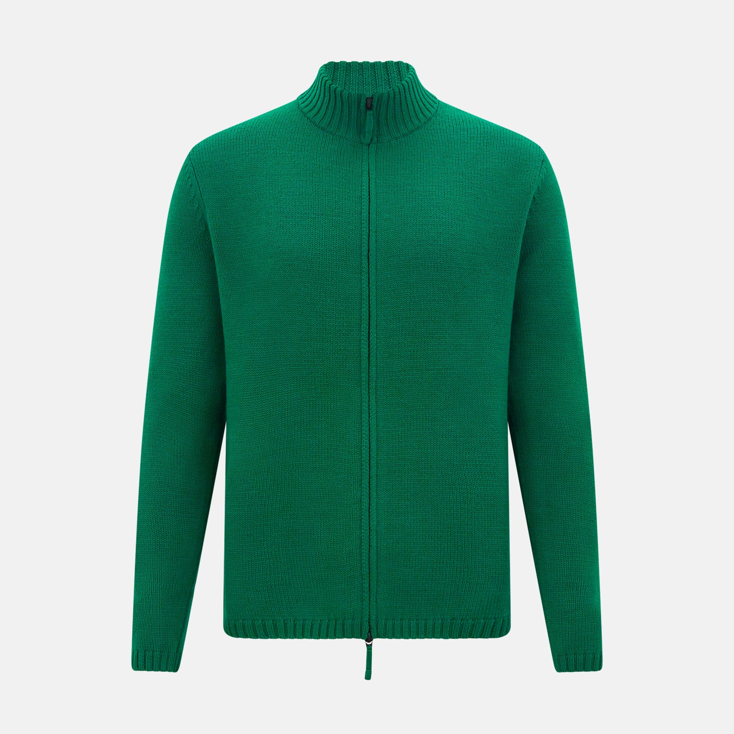 View 1 of product The Turnbull & Asser Forest Green Merino High Neck Zipped Cardigan features a ribbed collar, cuffs, and hem for classic style—this vibrant knitwear essential is shown against a white background.
