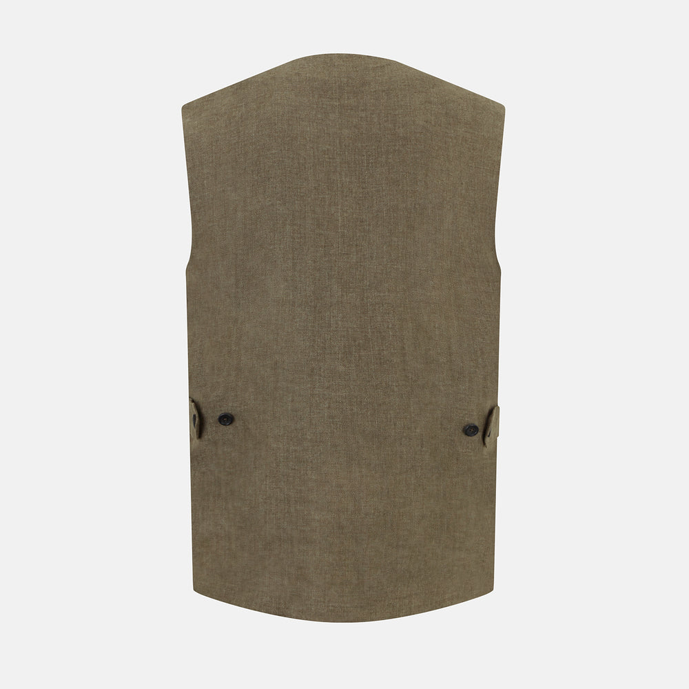 An olive, sleeveless linen twill waistcoat by Turnbull & Asser with a V-neck, five black buttons, two slanted zippered pockets, and a chest pocket, shown against a plain white background.