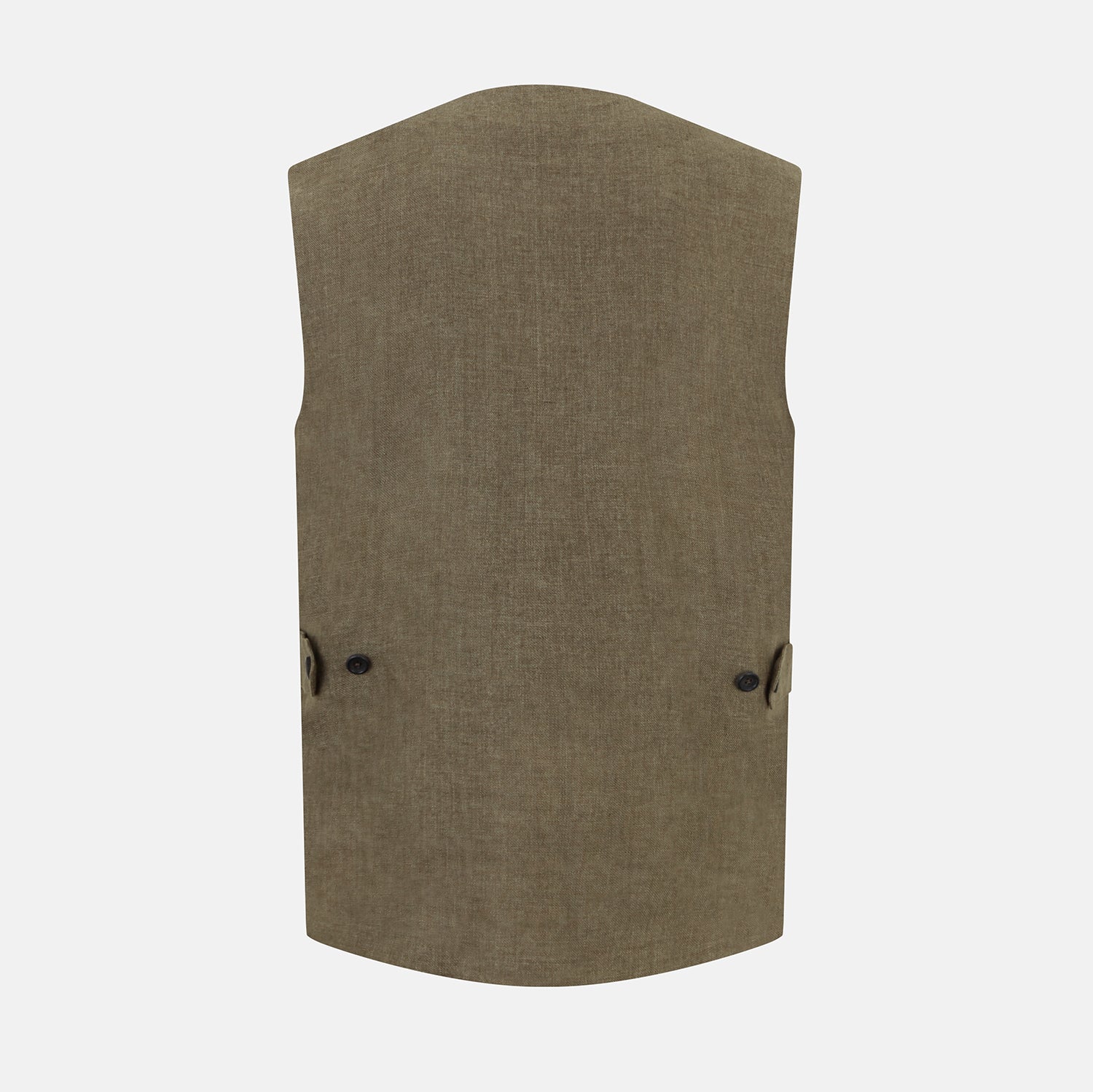 View 3 of product An olive, sleeveless linen twill waistcoat by Turnbull & Asser with a V-neck, five black buttons, two slanted zippered pockets, and a chest pocket, shown against a plain white background.
