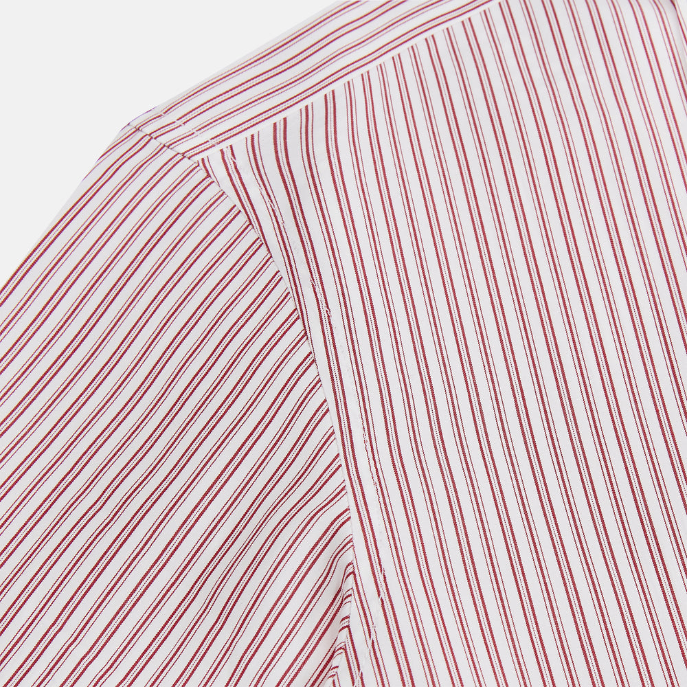 The Red Ticking Stripe Westminster Shirt by Turnbull & Asser features long sleeves, a button-up front, and vertical red and white stripes, shown flat on a white background.