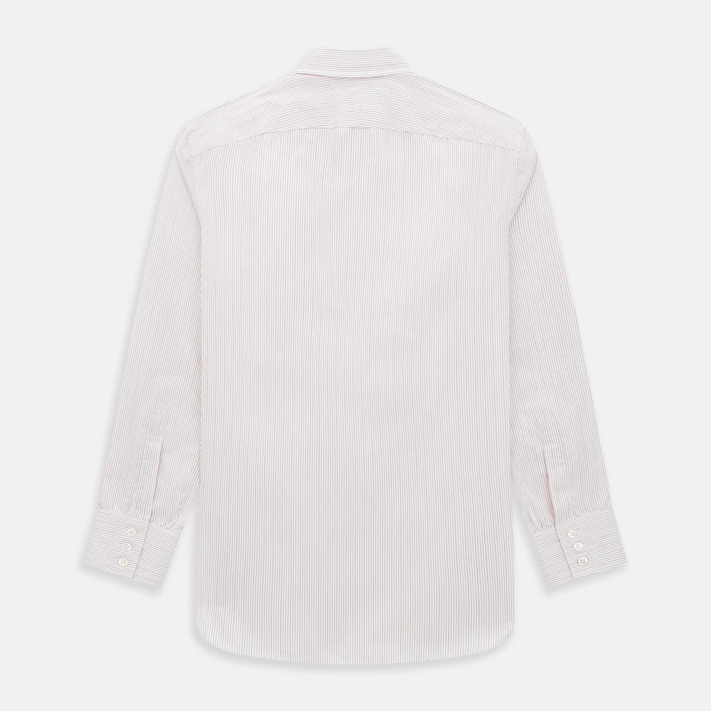 The Red Hairline Stripe Westminster Shirt by Turnbull & Asser features a pointed collar and thin vertical stripes in a light hue, displayed flat against a white background—a fine example of British craftsmanship.