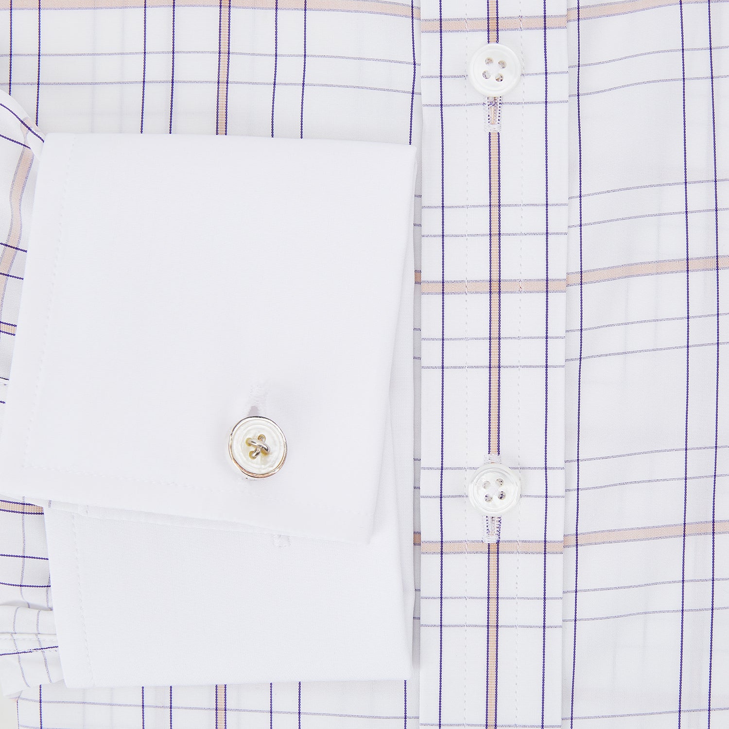 View 11 of product The Turnbull & Asser Purple Multi Plaid Check Shirt features a spread collar, double cuffs, and a fitted silhouette. Its bold plaid pattern and contrast collar add a modern touch to classic British style. Displayed on a plain white background.