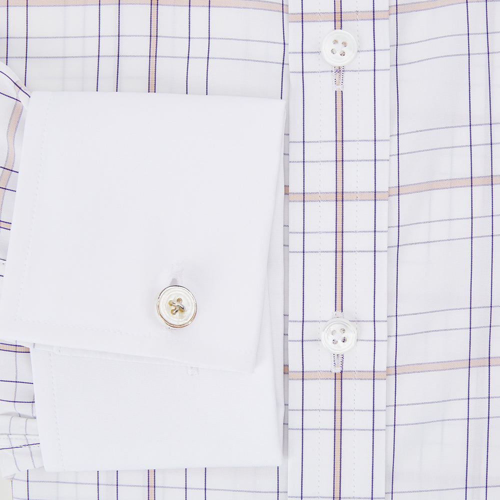 The Turnbull & Asser Purple Multi Plaid Check Shirt features a spread collar, double cuffs, and a fitted silhouette. Its bold plaid pattern and contrast collar add a modern touch to classic British style. Displayed on a plain white background.