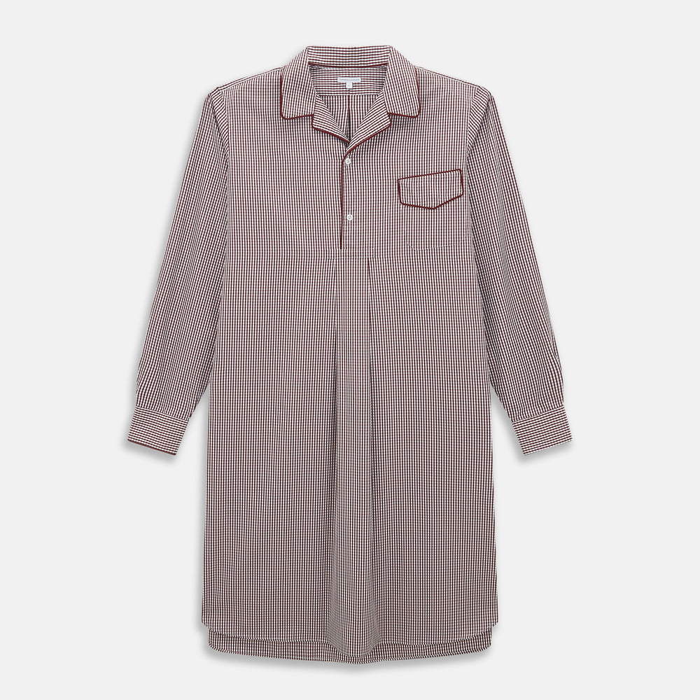 The Turnbull & Asser Burgundy Micro Check Winston Long Nightshirt is knee-length with long sleeves, brown and white micro checks, a collar, chest pocket with piping, and a front button placket.
