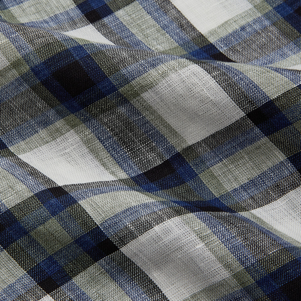 A Green Multi Check Linen Holiday Fit Winnington Shirt by Turnbull & Asser, featuring a check pattern and revere collar, displayed flat on a white background.