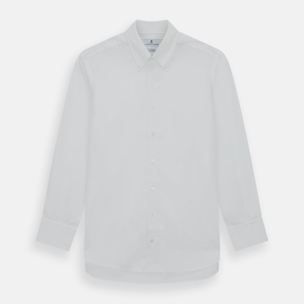 The Turnbull & Asser White Royal Oxford Cotton Shirt features a button-down collar and 3-button cuffs, ideal for minimalist looks, displayed on a white background.