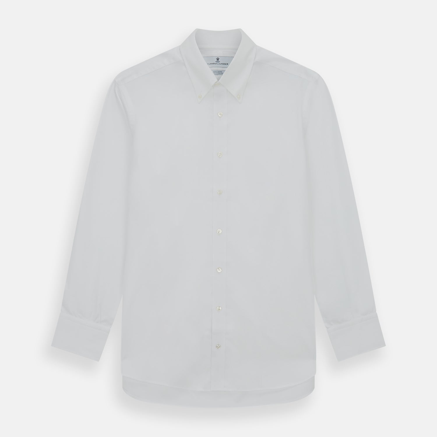 View 1 of product The Turnbull & Asser White Royal Oxford Cotton Shirt features a button-down collar and 3-button cuffs, ideal for minimalist looks, displayed on a white background.