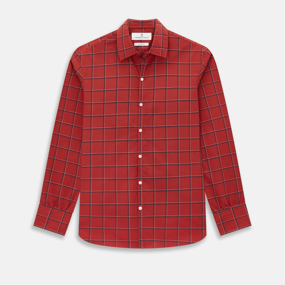 The Turnbull & Asser Dark Red Grid Check Windsor Shirt is a long-sleeved, button-up shirt with a dark red base and black and white grid pattern, displayed flat on a white background.