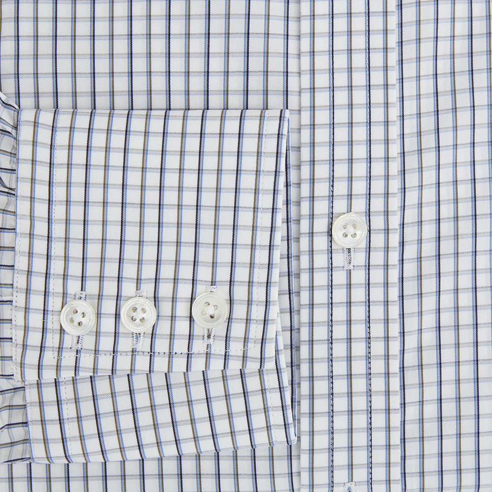 The Turnbull & Asser Blue and Coffee Tattersall Check Mayfair Shirt is a long-sleeved, button-up style made from Italian cotton, featuring a collar and buttoned cuffs, shown laid flat against a white background.