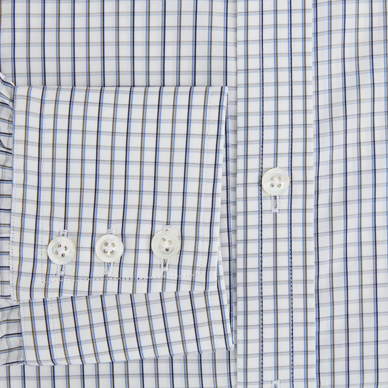 View 4 of product The Turnbull & Asser Blue and Coffee Tattersall Check Mayfair Shirt is a long-sleeved, button-up style made from Italian cotton, featuring a collar and buttoned cuffs, shown laid flat against a white background.