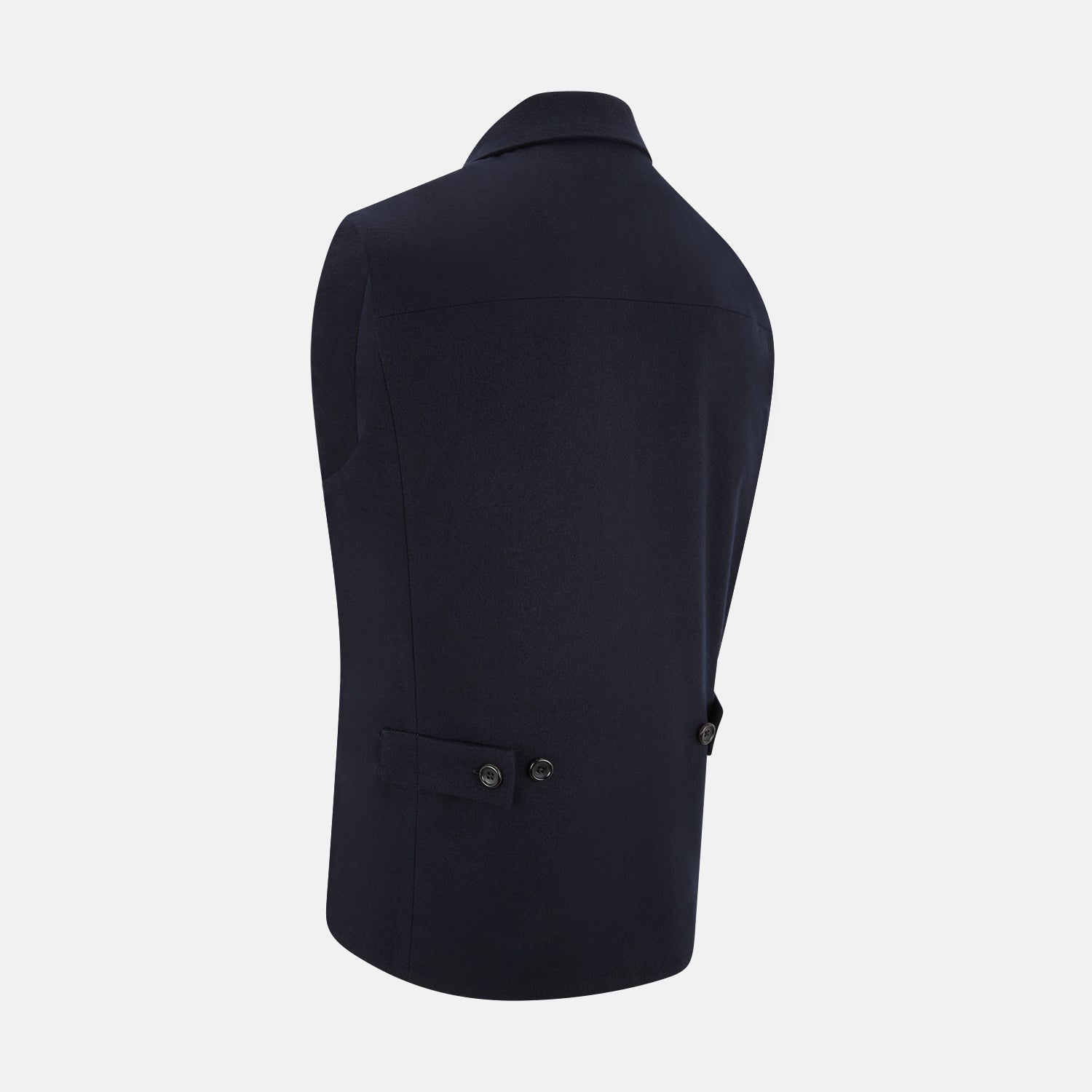 View 3 of product The Turnbull & Asser Navy Collared Single-breasted Waistcoat features a sleeveless design, wool-cashmere blend, two zippered side pockets, and a chest pocket—ideal for upgrading your winter look—shown on a white background.