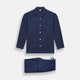 Turnbull & Asser Navy Silk Pyjama Set, laid flat on a white background, includes a long-sleeve button-up shirt with chest pocket and drawstring pants.