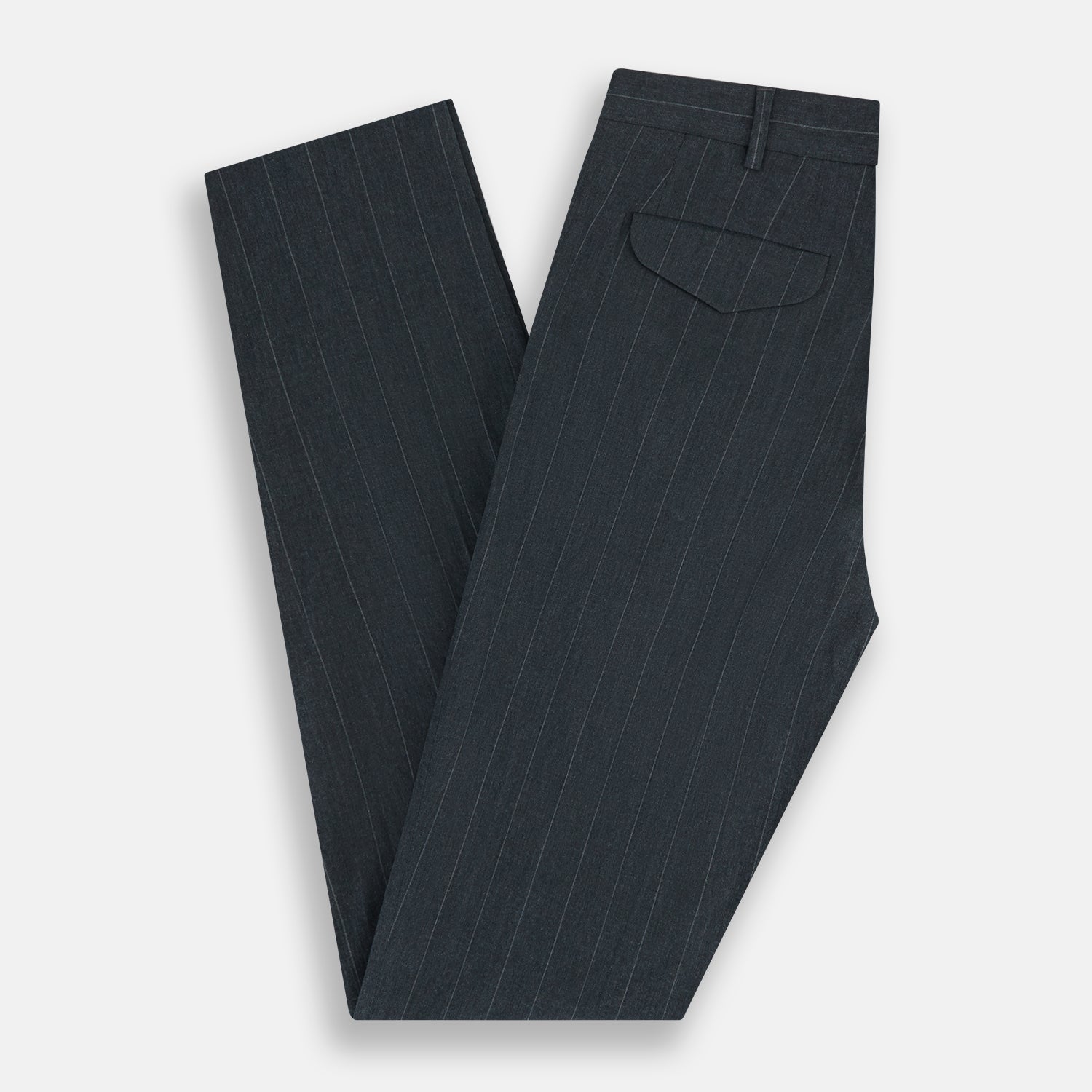 View 6 of product A pair of Forest Green Striped Edmund trousers by Turnbull & Asser, featuring a button and zip closure, belt loops, and a tailored straight-leg fit, shown against a plain white background.