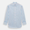 View 1 of product The Sky Blue Multi Candy Stripe Mayfair Shirt by Turnbull & Asser features vertical blue, black, and white stripes, a pointed collar, matching cuffs, and showcases signature British craftsmanship.