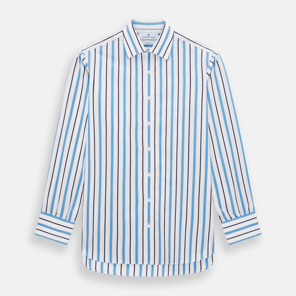The Sky Blue Multi Candy Stripe Mayfair Shirt by Turnbull & Asser features vertical blue, black, and white stripes, a pointed collar, matching cuffs, and showcases signature British craftsmanship.