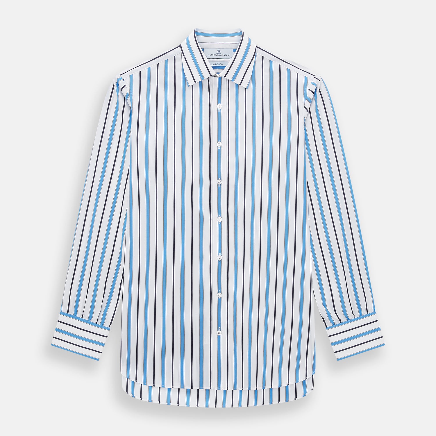 View 1 of product The Sky Blue Multi Candy Stripe Mayfair Shirt by Turnbull & Asser features vertical blue, black, and white stripes, a pointed collar, matching cuffs, and showcases signature British craftsmanship.