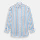 The Sky Blue Multi Candy Stripe Mayfair Shirt by Turnbull & Asser features vertical blue, black, and white stripes, a pointed collar, matching cuffs, and showcases signature British craftsmanship.