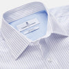 View 3 of product The White and Blue Stripe Cotton RE-PURPOSE Weekend Fit Finch Shirt by Turnbull & Asser features long sleeves, thin blue stripes, a light blue chest pocket, and is crafted sustainably.