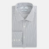 View 5 of product The Turnbull & Asser Grey Multi Stripe Mayfair Shirt features long sleeves, a classic collar, and thin vertical stripes in black and white, shown laid flat on a white background.