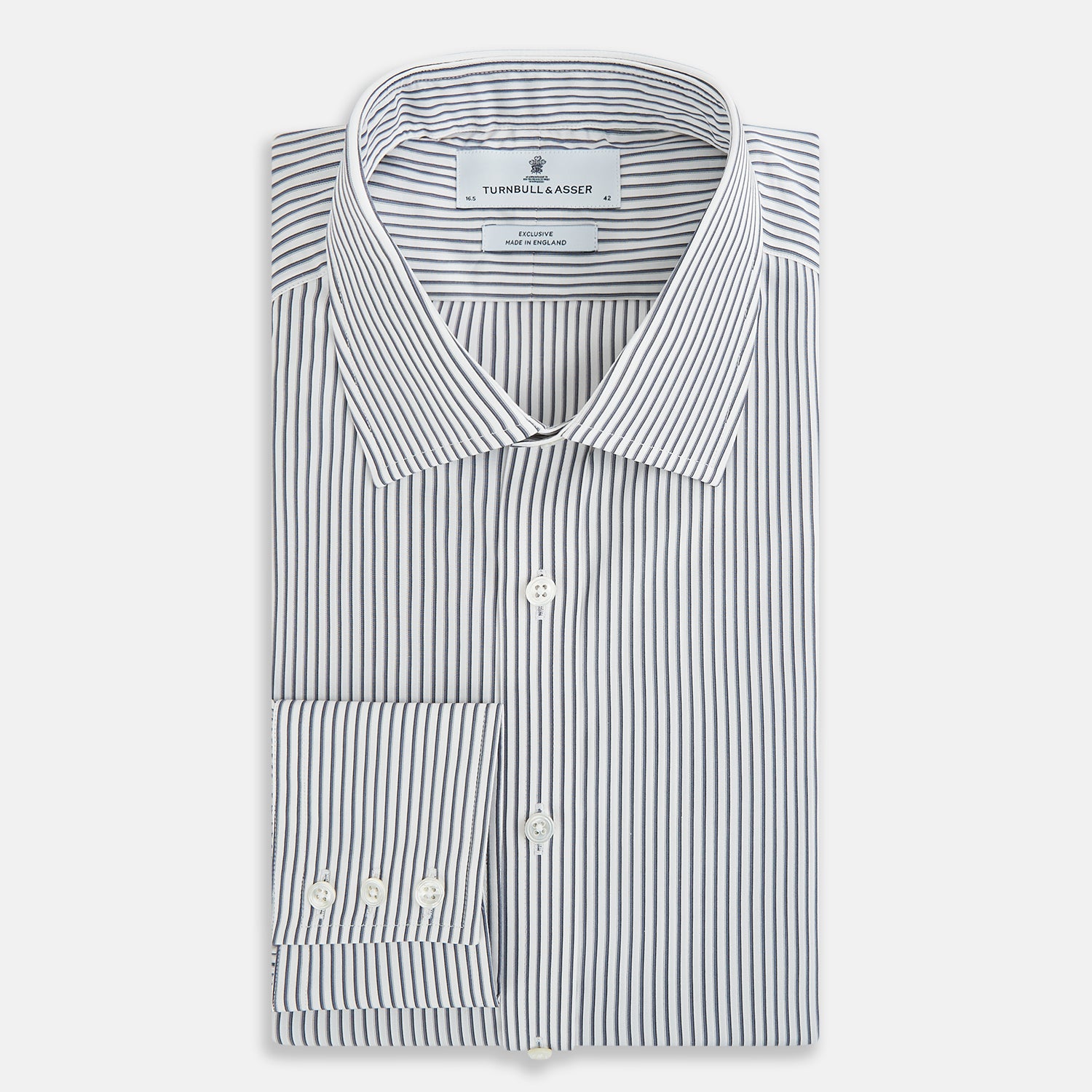View 5 of product The Turnbull & Asser Grey Multi Stripe Mayfair Shirt features long sleeves, a classic collar, and thin vertical stripes in black and white, shown laid flat on a white background.