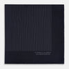 View 4 of product The Navy and Charcoal Stripe Silk Pocket Square by Turnbull & Asser features fine hand-rolled edges, thin white stripes on navy, and TURNBULL & ASSER HAND PRINTED IN ENGLAND in white on the corner.